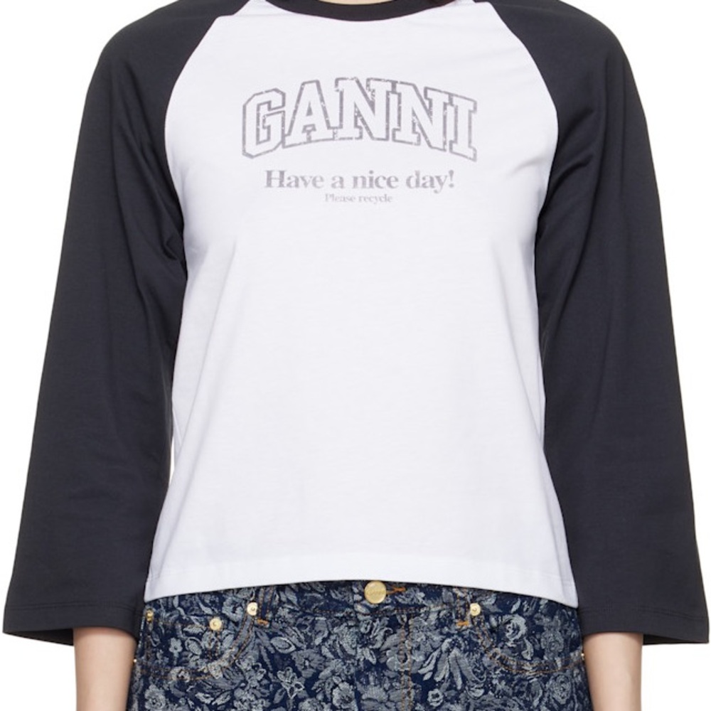 Ganni White and Black Raglan Logo Long Sleeve Tee in Size Large